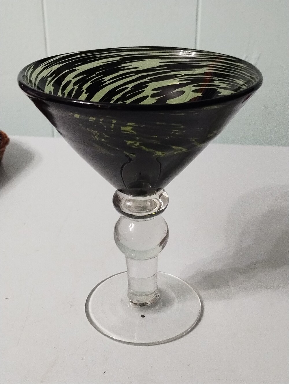 Pier 1 Vintage Hand blown Black and Olive Swirl Martini Glass